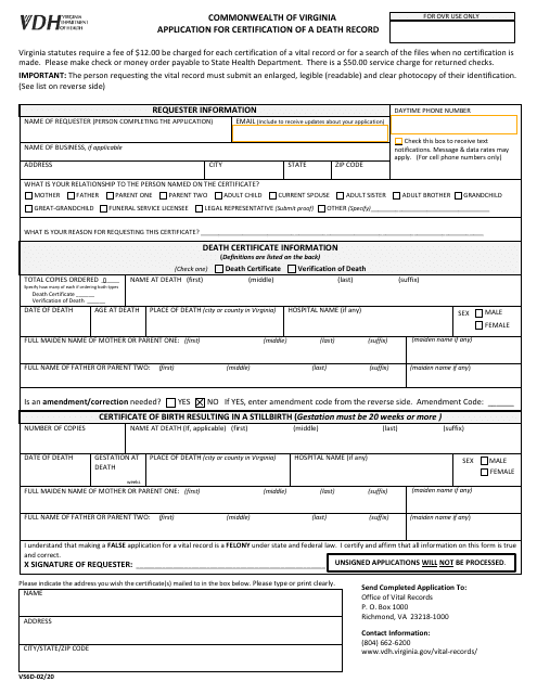 Form VS6D Application for Certification of a Death Record - Virginia