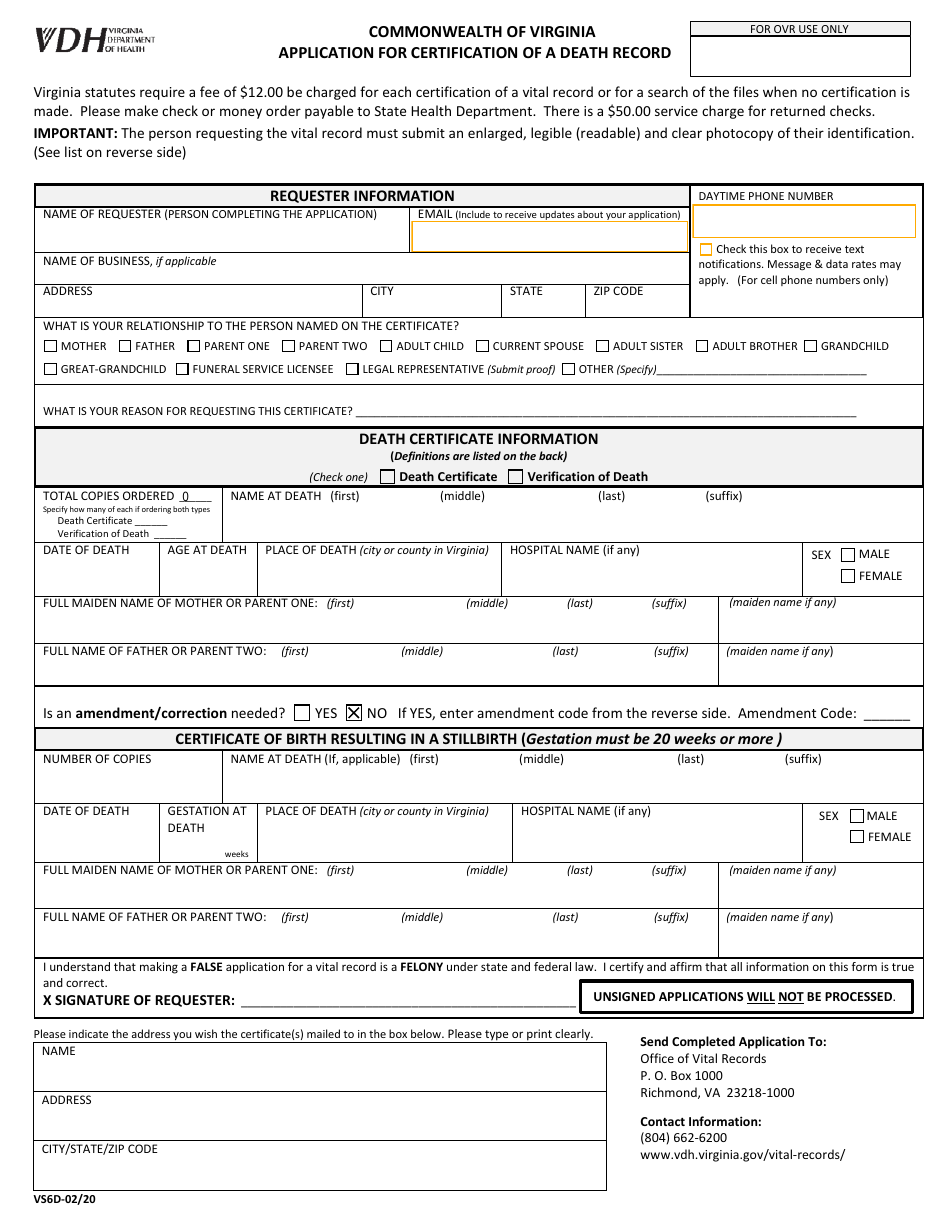 Form VS6D Fill Out, Sign Online and Download Fillable PDF, Virginia