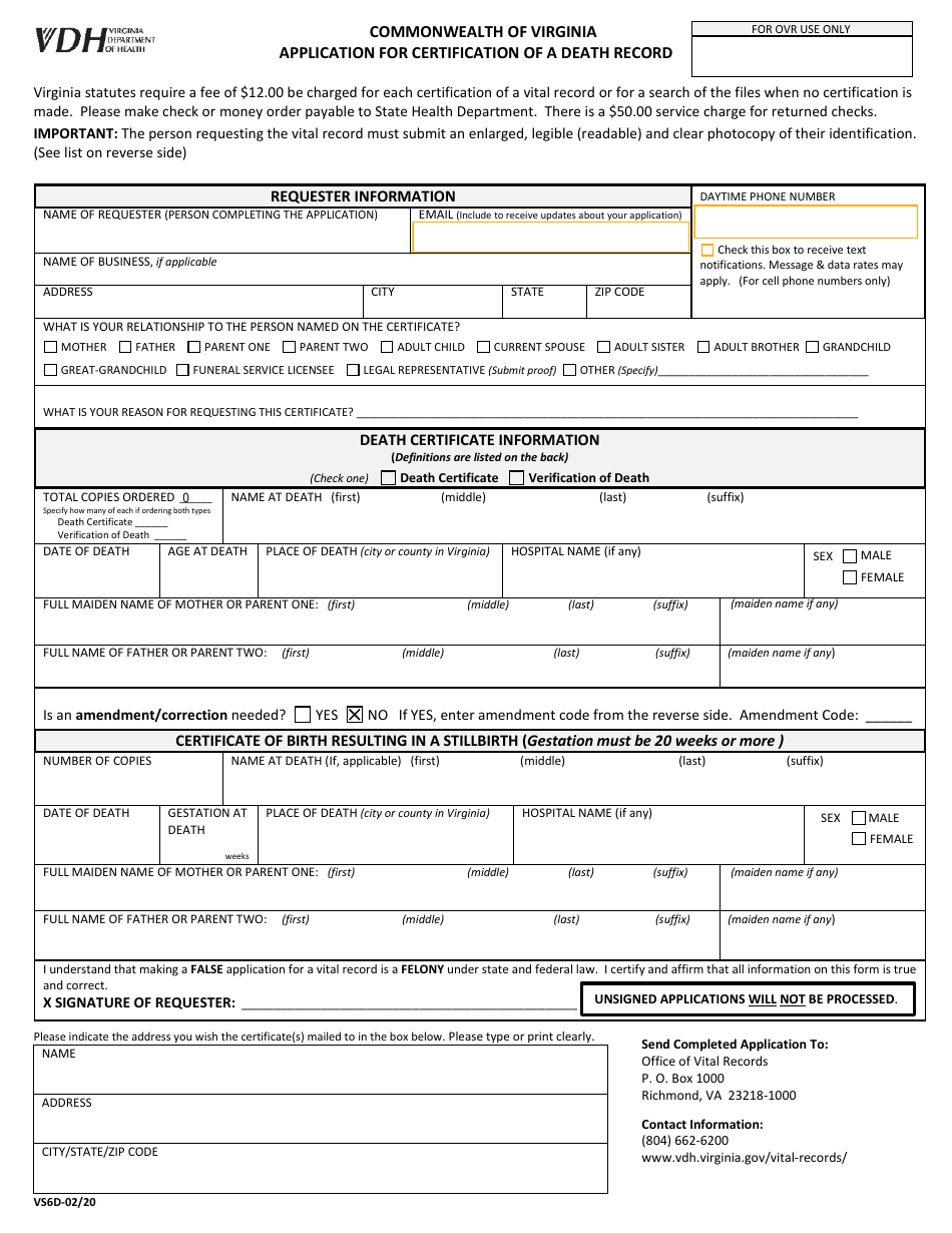 Form VS6D Application for Certification of a Death Record - Virginia, Page 1