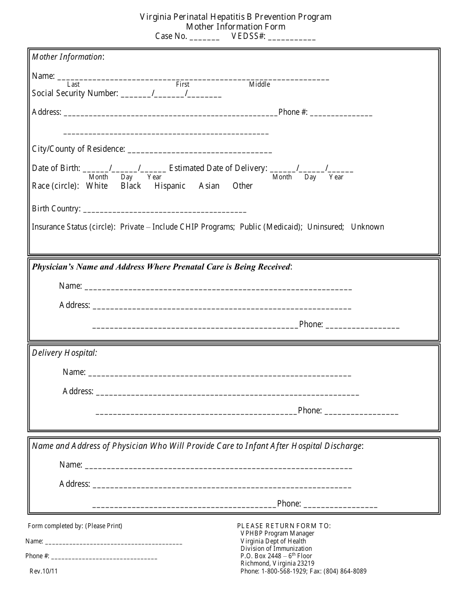 Mother Information Form - Perinatal Hepatitis B Prevention Program - Virginia, Page 1
