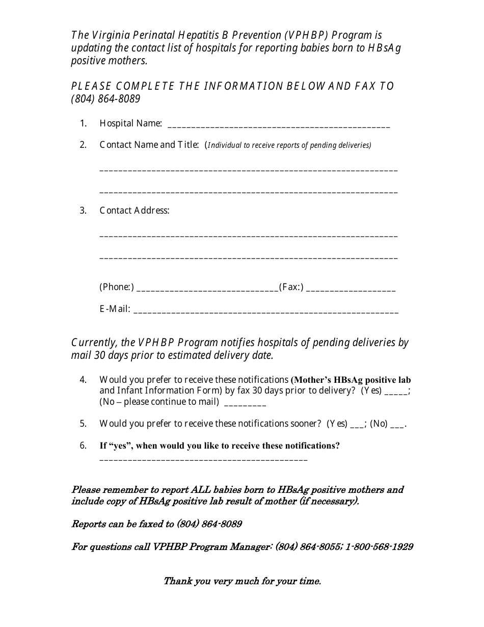 Hospital Contact Information Form - Virginia Perinatal Hepatitis B Prevention (Vphbp) Program - Virginia, Page 1