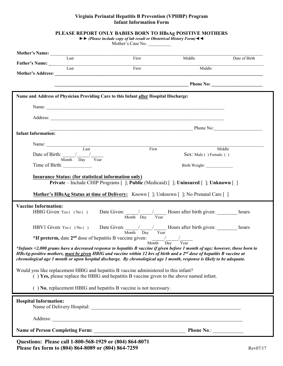 Infant Information Form - Virginia Perinatal Hepatitis B Prevention (Vphbp) Program - Virginia, Page 1