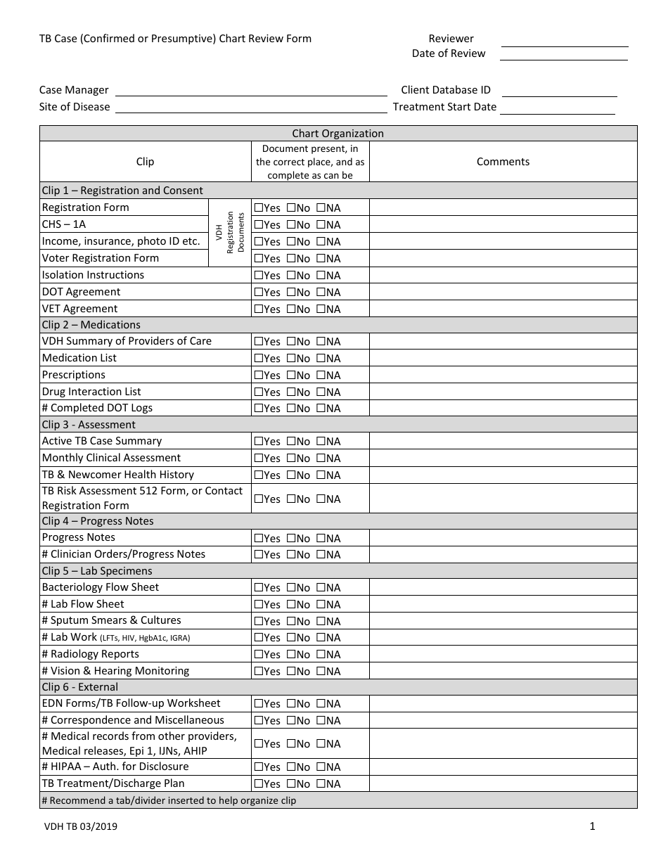 Tb Case (Confirmed or Presumptive) Chart Review Form - Virginia, Page 1