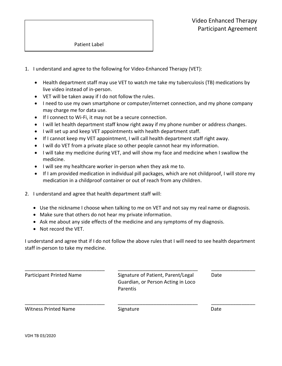Video Enhanced Therapy Participant Agreement - Virginia, Page 1