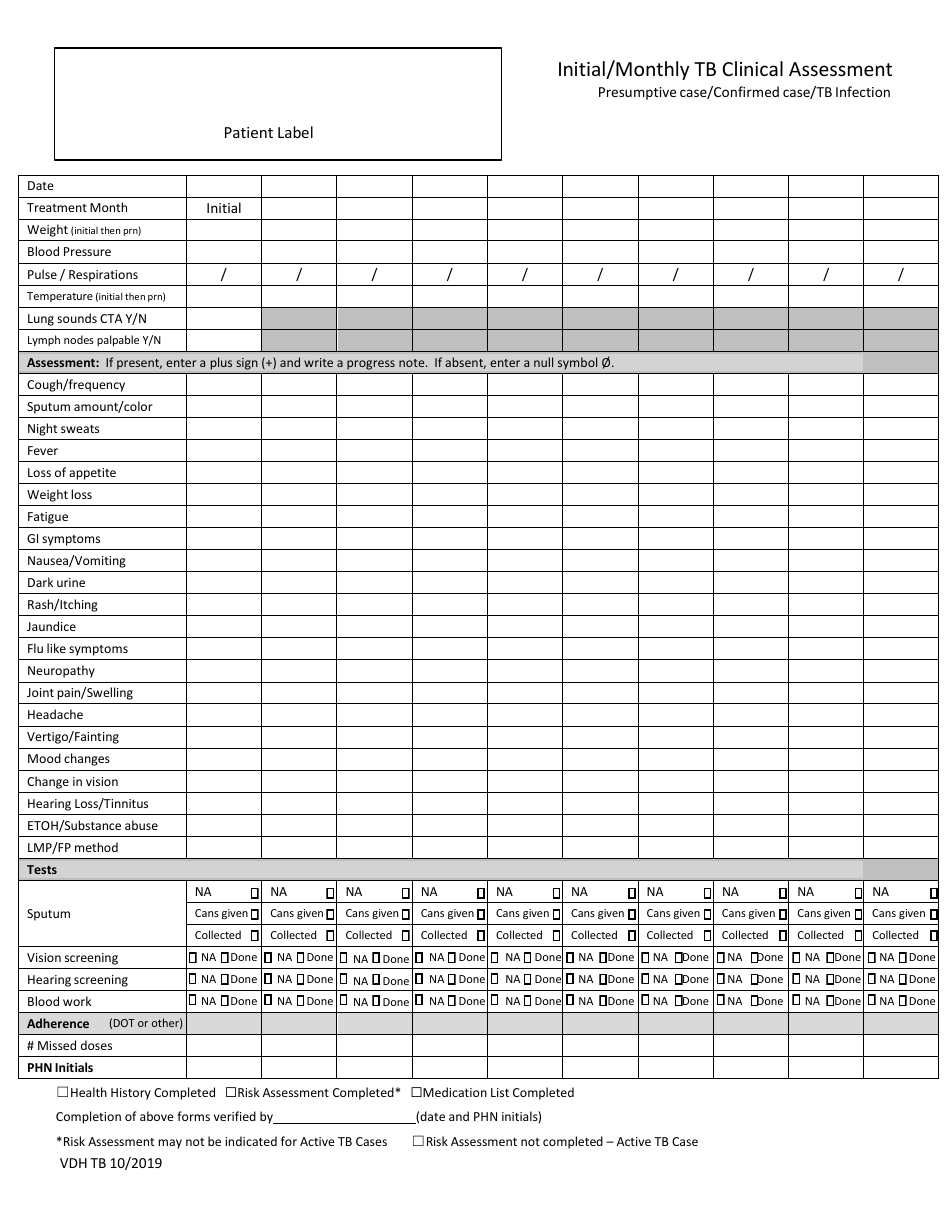 Initial / Monthly Tb Clinical Assessment - Virginia, Page 1