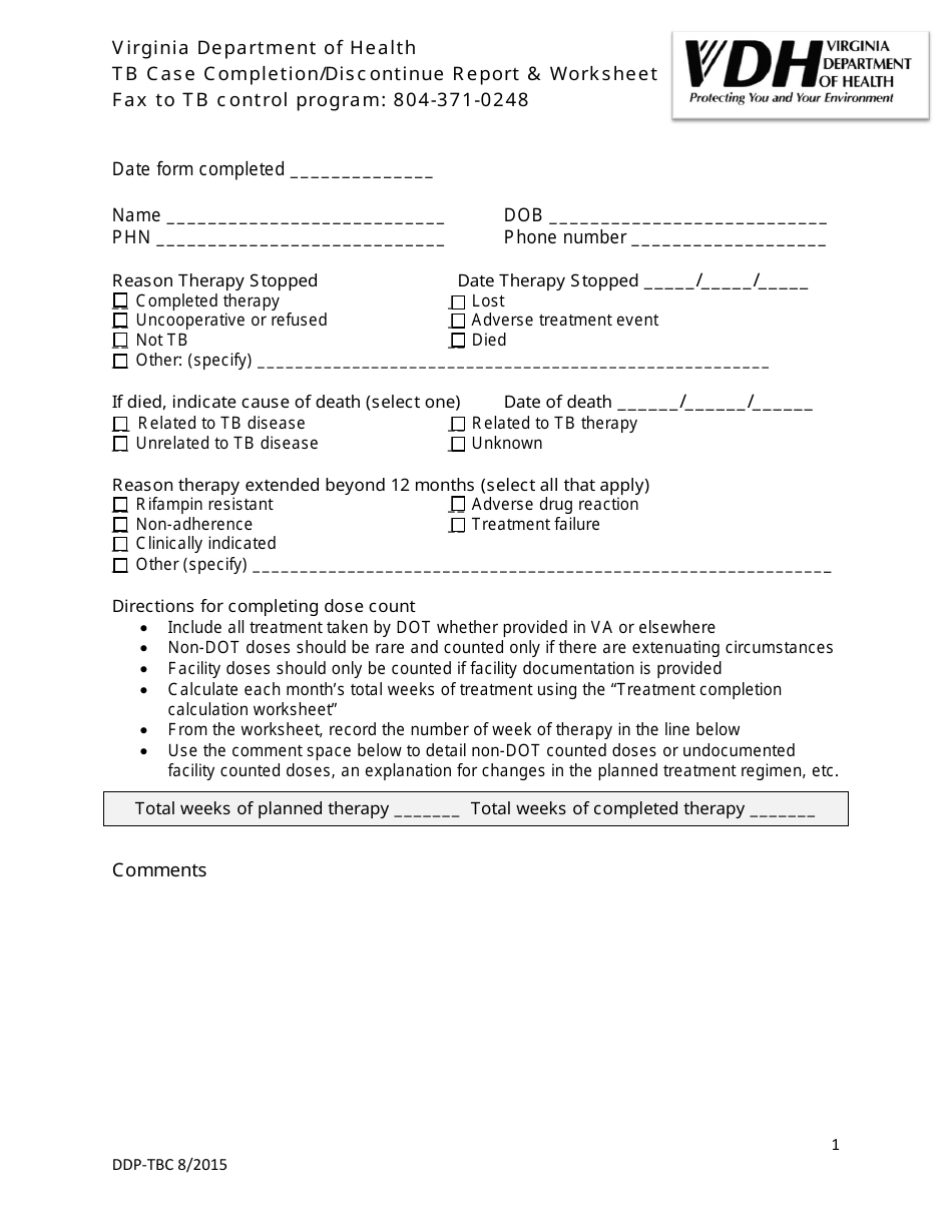 Tb Case Completion / Discontinue Report  Worksheet - Virginia, Page 1
