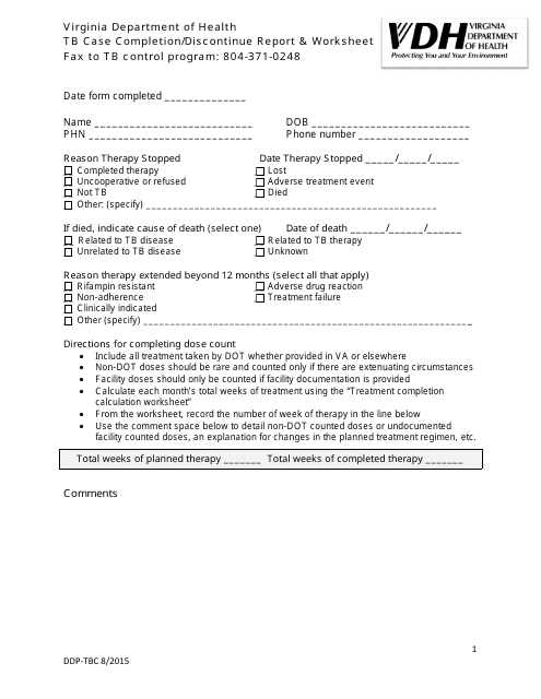 Tb Case Completion / Discontinue Report & Worksheet - Virginia Download Pdf