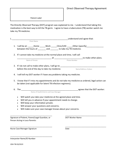 Direct Observed Therapy Agreement - Virginia Download Pdf