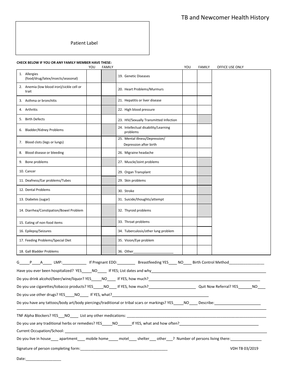 Tb and Newcomer Health History - Virginia, Page 1