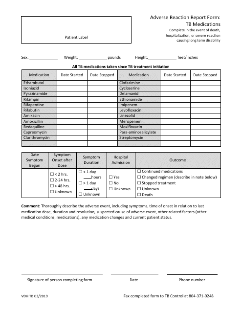 Adverse Reaction Report Form: Tb Medications - Virginia