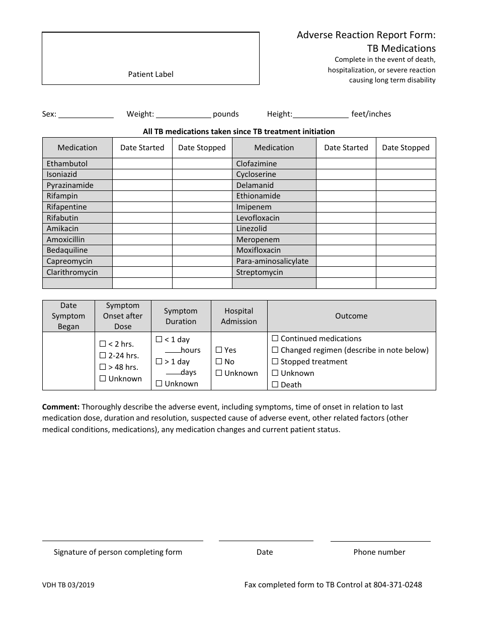 Adverse Reaction Report Form: Tb Medications - Virginia, Page 1