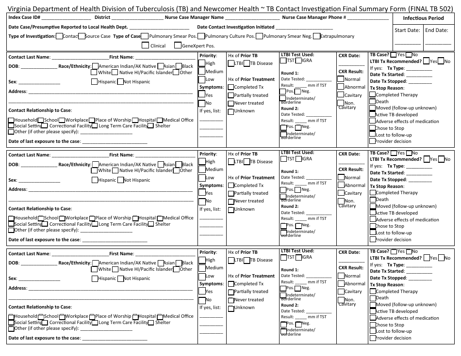 Form 502 Tb Contact Investigation Final Form - Virginia, Page 7
