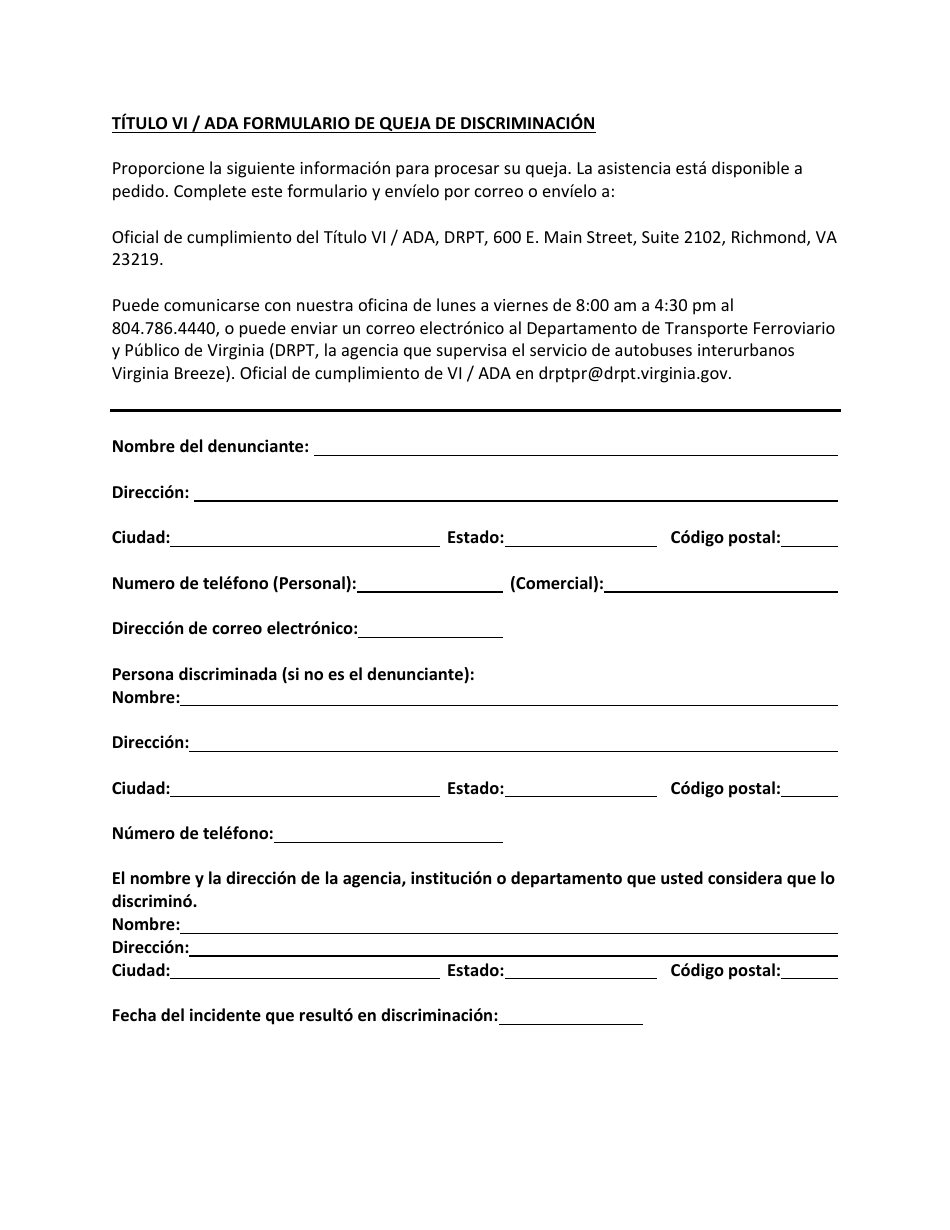 Titulo VI / Ada Formulario De Queja De Discriminacion - Virginia (Spanish), Page 1