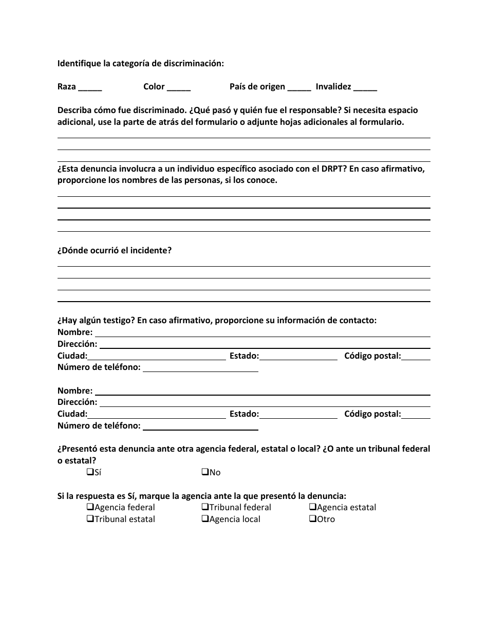 Titulo VI / Ada Formulario De Queja De Discriminacion - Virginia (Spanish), Page 2