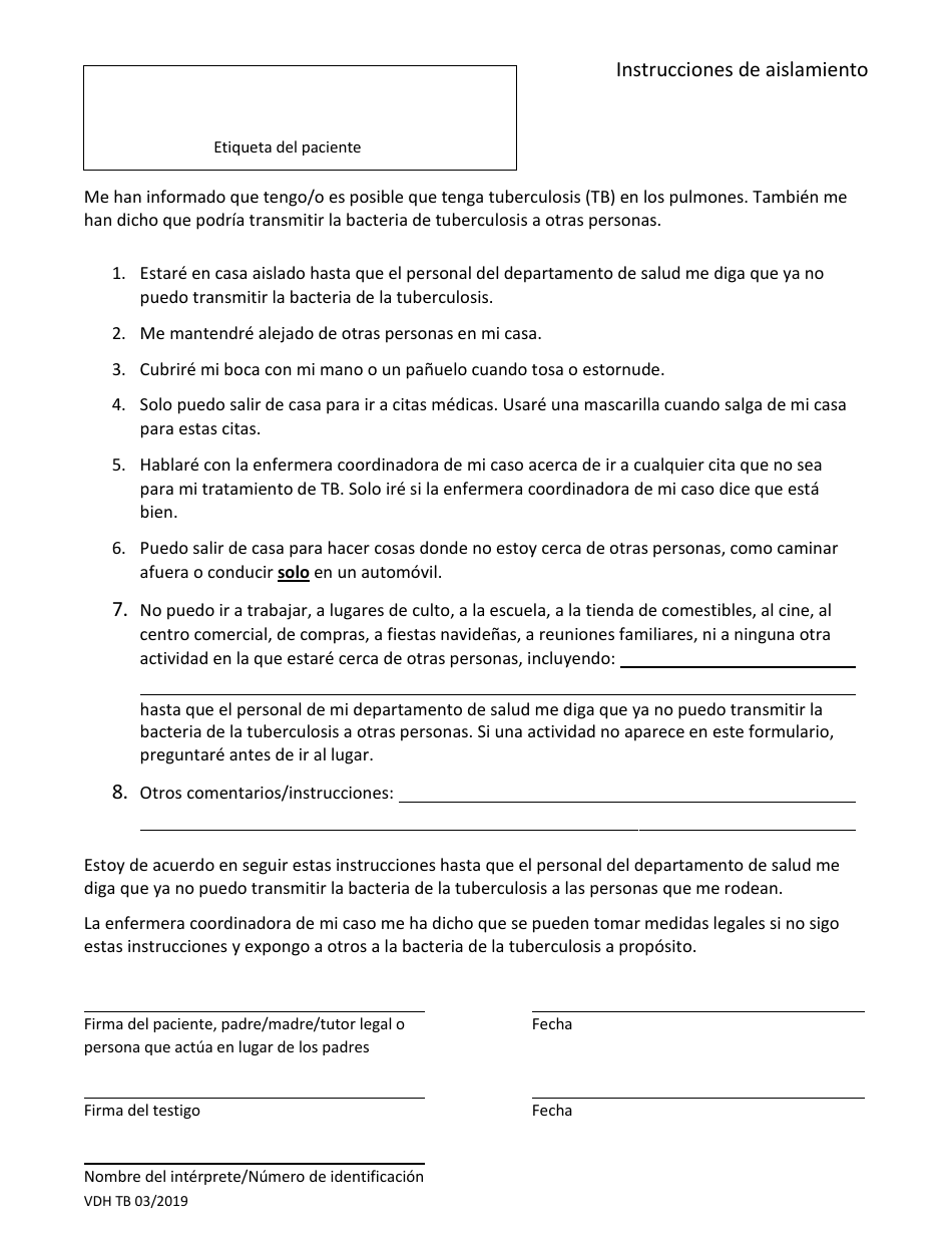 Instrucciones De Aislamiento - Virginia (Spanish), Page 1