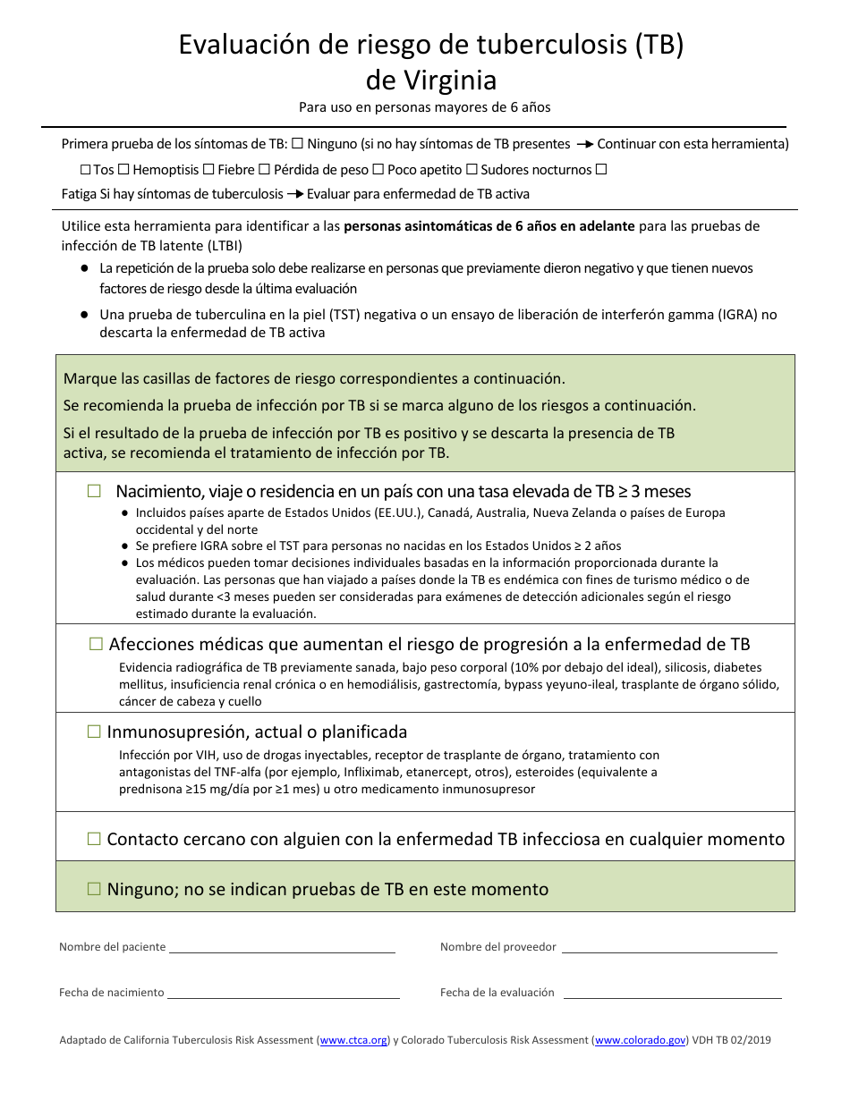 Evaluacion De Riesgo De Tuberculosis (Tb) De Virginia - Virginia (Spanish), Page 1