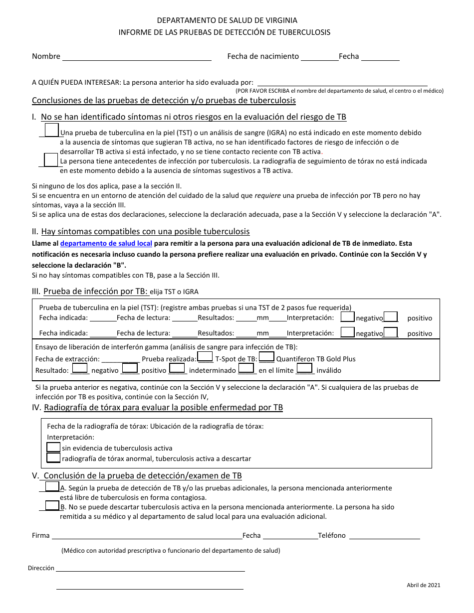 Informe De Las Pruebas De Deteccion De Tuberculosis - Virginia (Spanish), Page 1