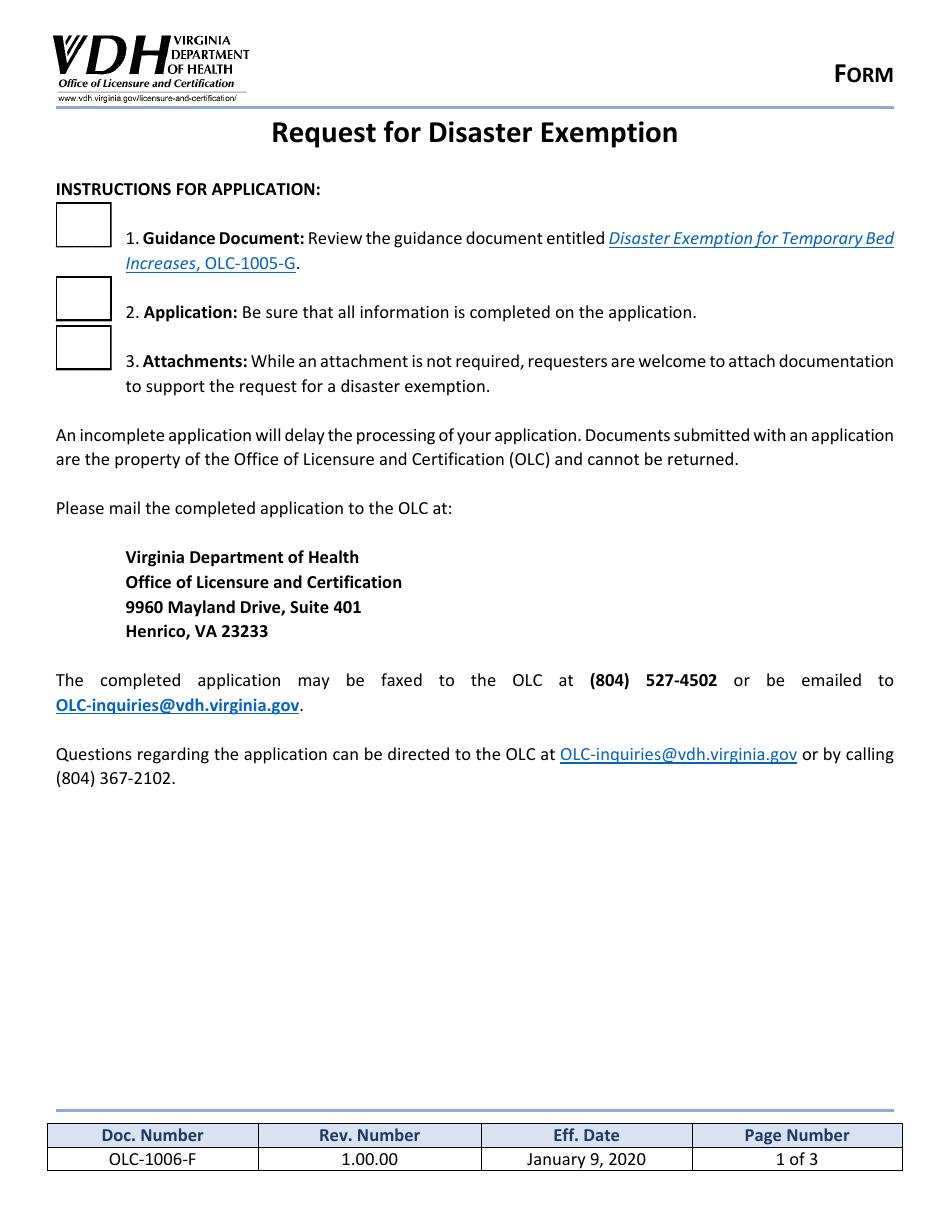 Form OLC-1006-F Request for Disaster Exemption - Virginia, Page 1