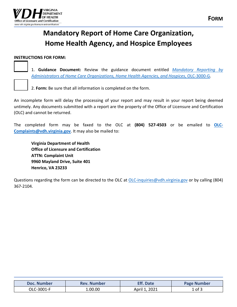 Form OLC-3001-F Mandatory Report of Home Care Organization, Home Health Agency, and Hospice Employees - Virginia, Page 1