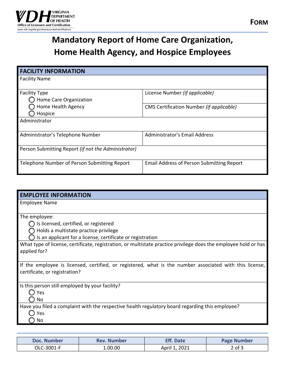Form OLC-3001-F Mandatory Report of Home Care Organization, Home Health Agency, and Hospice Employees - Virginia, Page 2