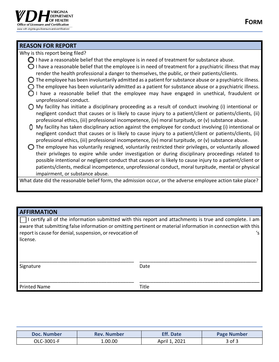 Form OLC-3001-F Mandatory Report of Home Care Organization, Home Health Agency, and Hospice Employees - Virginia, Page 3