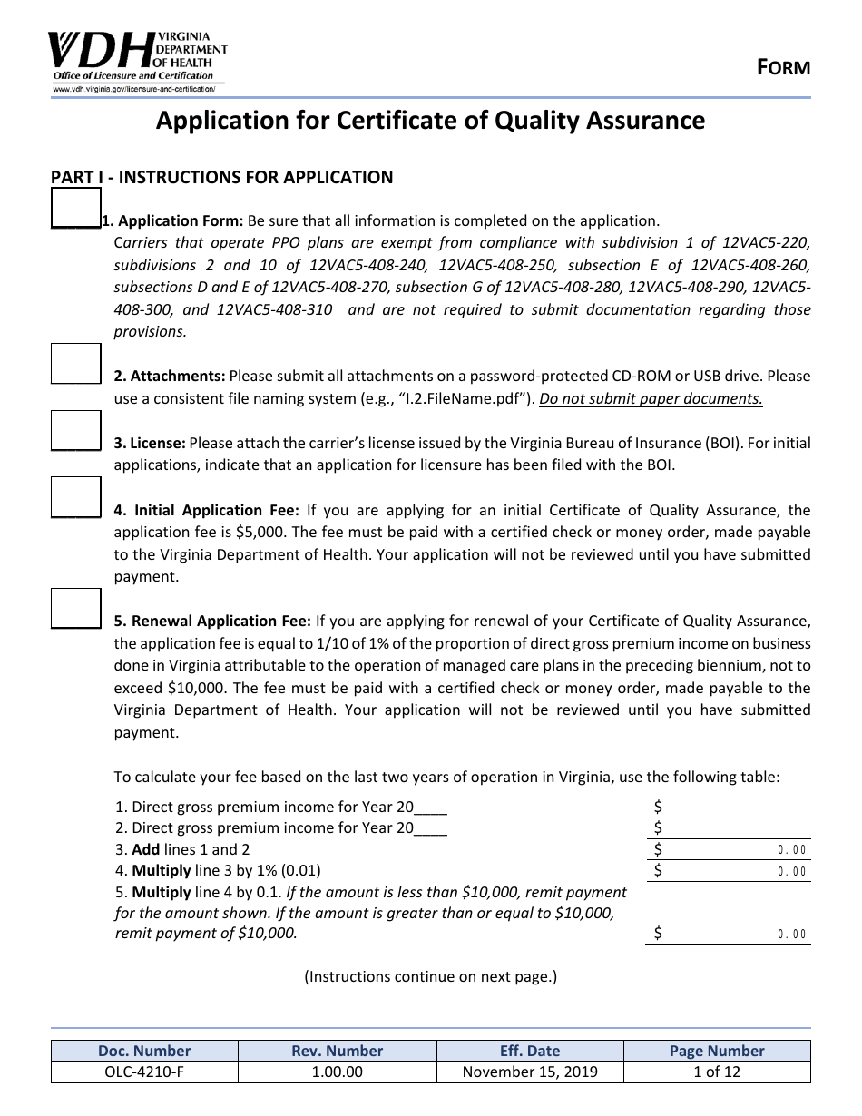 Form OLC-4210-F Application for Certificate of Quality Assurance - Virginia, Page 1
