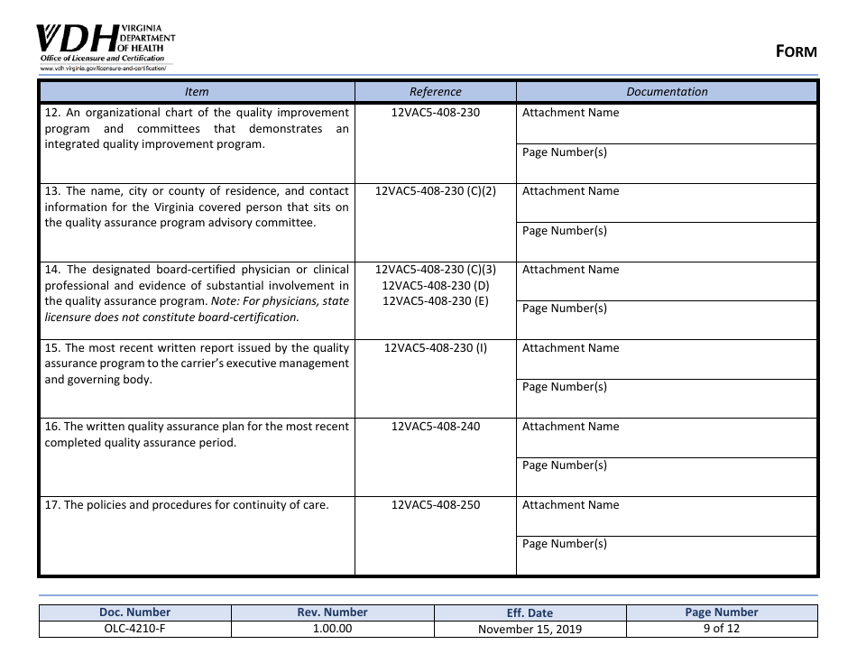 Form OLC-4210-F Application for Certificate of Quality Assurance - Virginia, Page 9