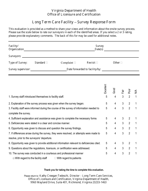 Long Term Care Facility - Survey Response Form - Virginia Download Pdf