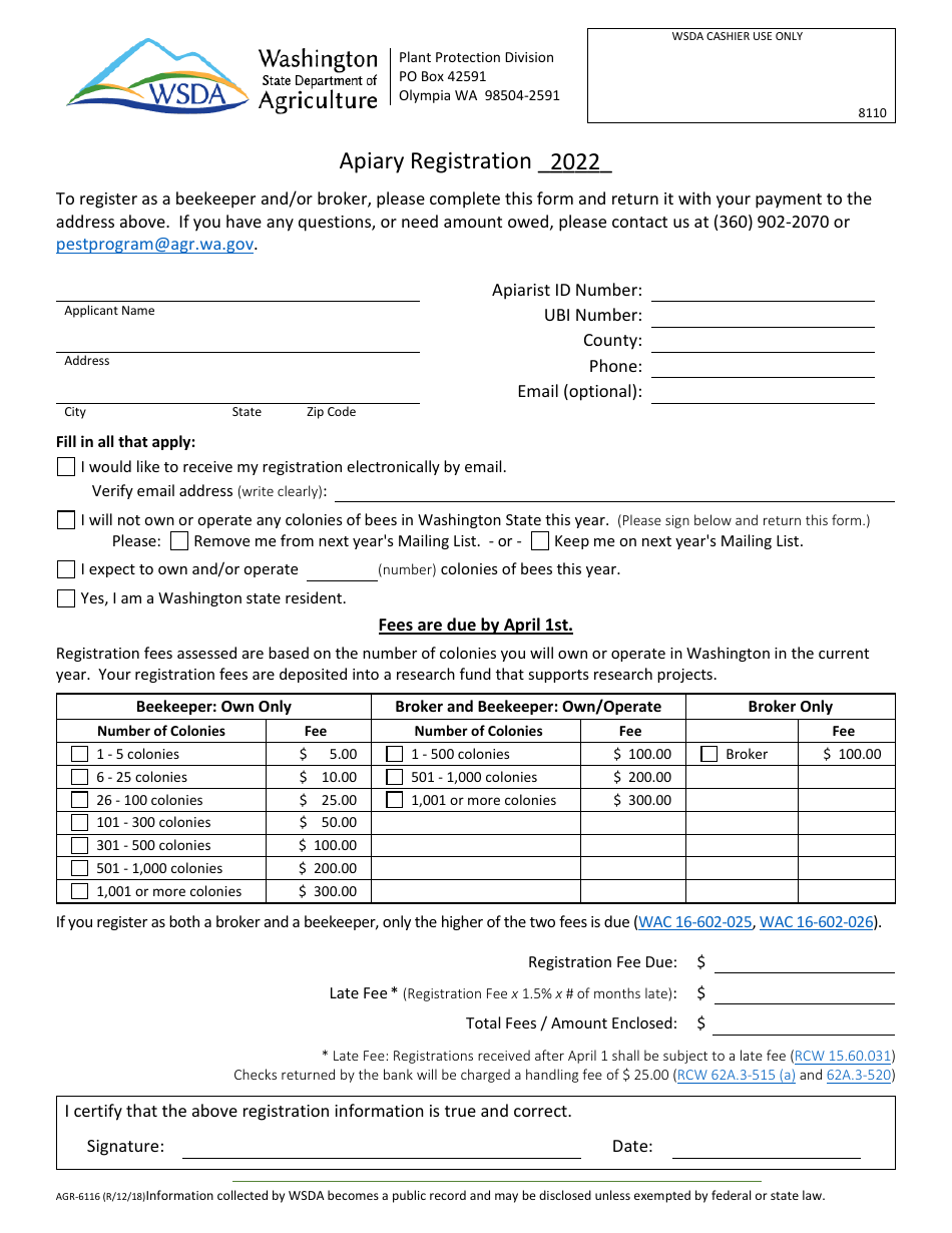 Form AGR-6116 Apiary Registration - Washington, Page 1