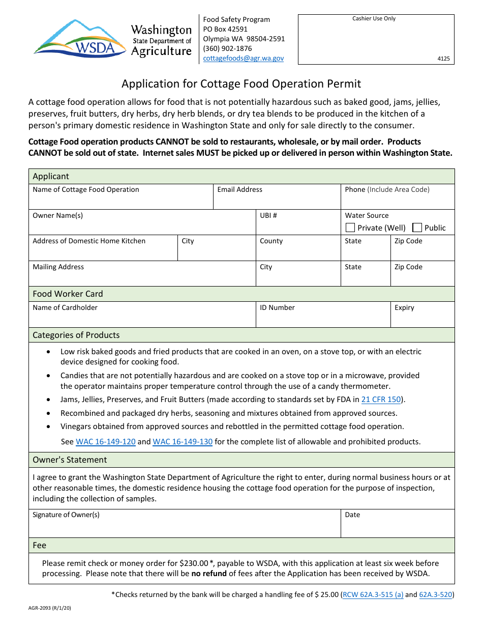 Form AGR-2093 Application for Cottage Food Operation Permit - Washington, Page 1