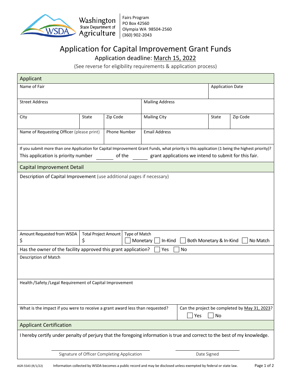 Form AGR-5543 Application for Capital Improvement Grant Funds - Washington, Page 1