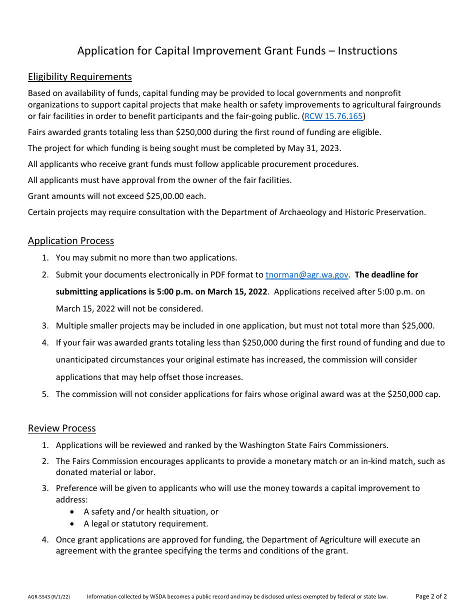 Form AGR-5543 Application for Capital Improvement Grant Funds - Washington, Page 2