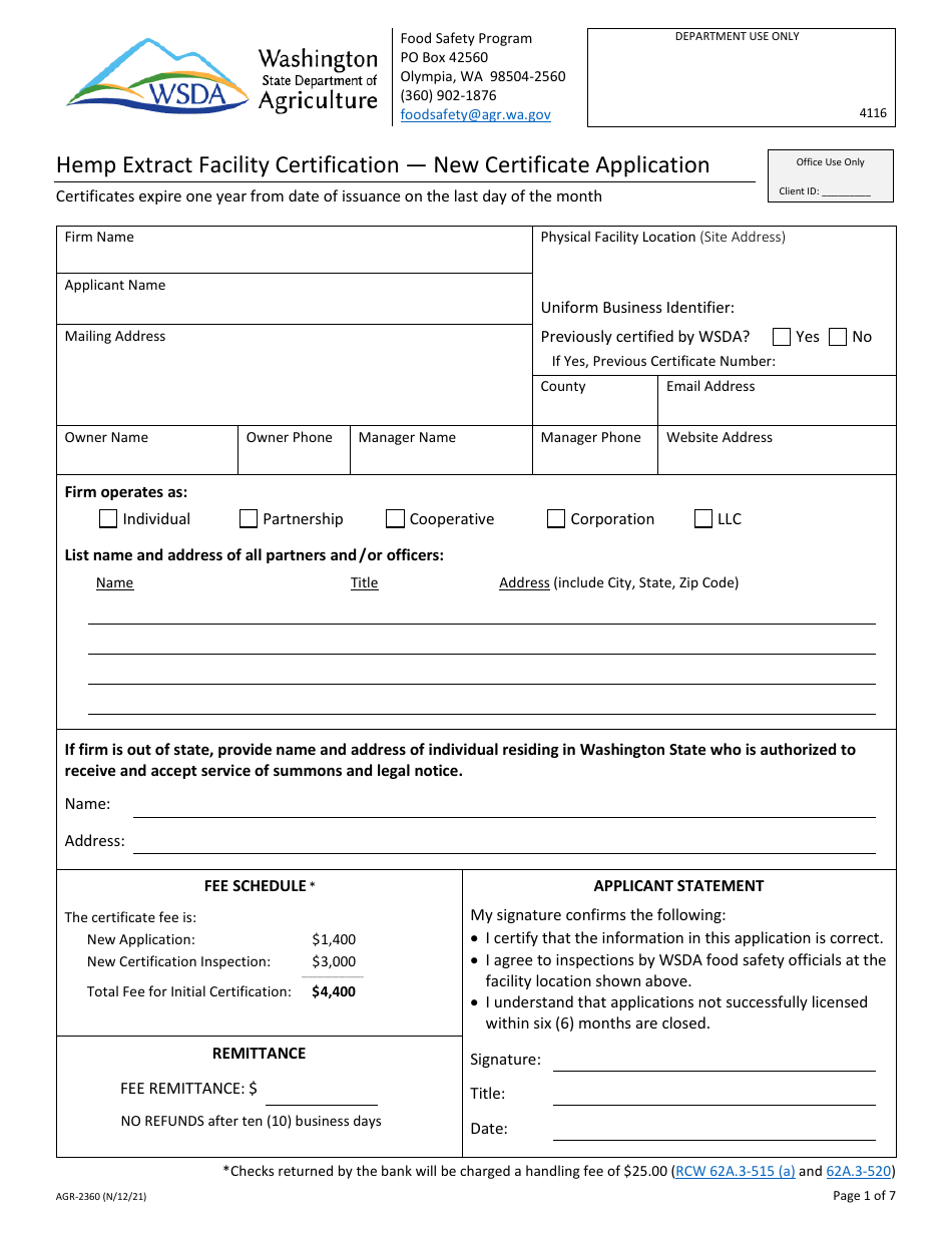 Form AGR-2360 Hemp Extract Facility Certification - New Certificate Application - Washington, Page 1