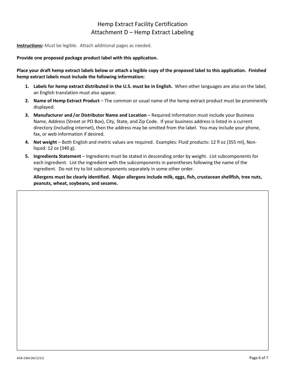 Form AGR-2360 Hemp Extract Facility Certification - New Certificate Application - Washington, Page 6