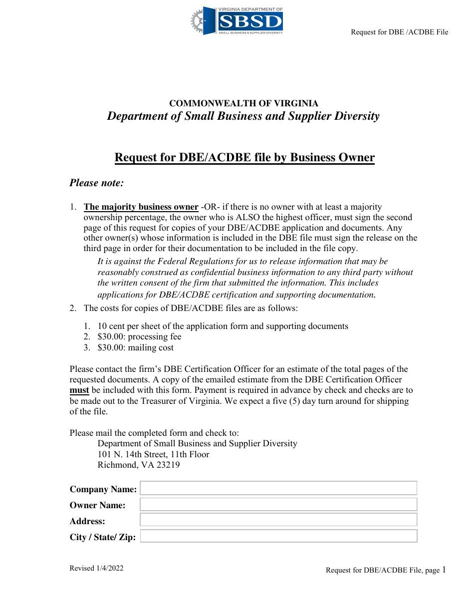 Request for Dbe / Acdbe File by Business Owner - Virginia, Page 1