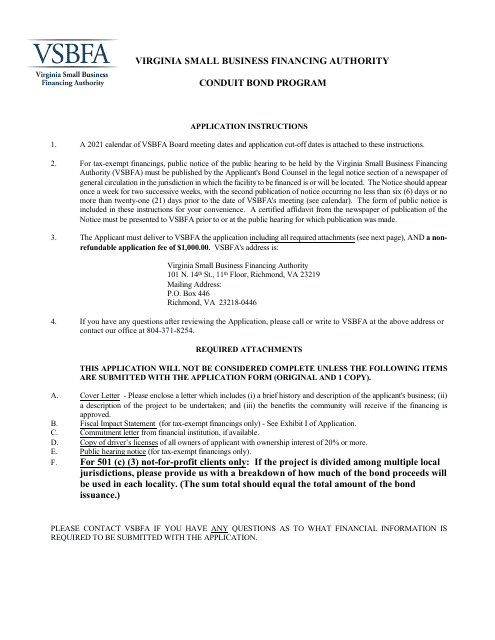 Application to the Virginia Small Business Financing Authority for the Issuance of Conduit Bonds - Virginia Download Pdf