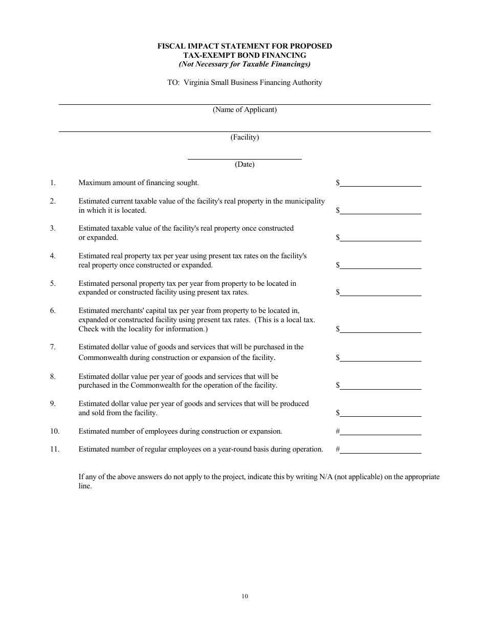 Application to the Virginia Small Business Financing Authority for the Issuance of Conduit Bonds - Virginia, Page 10
