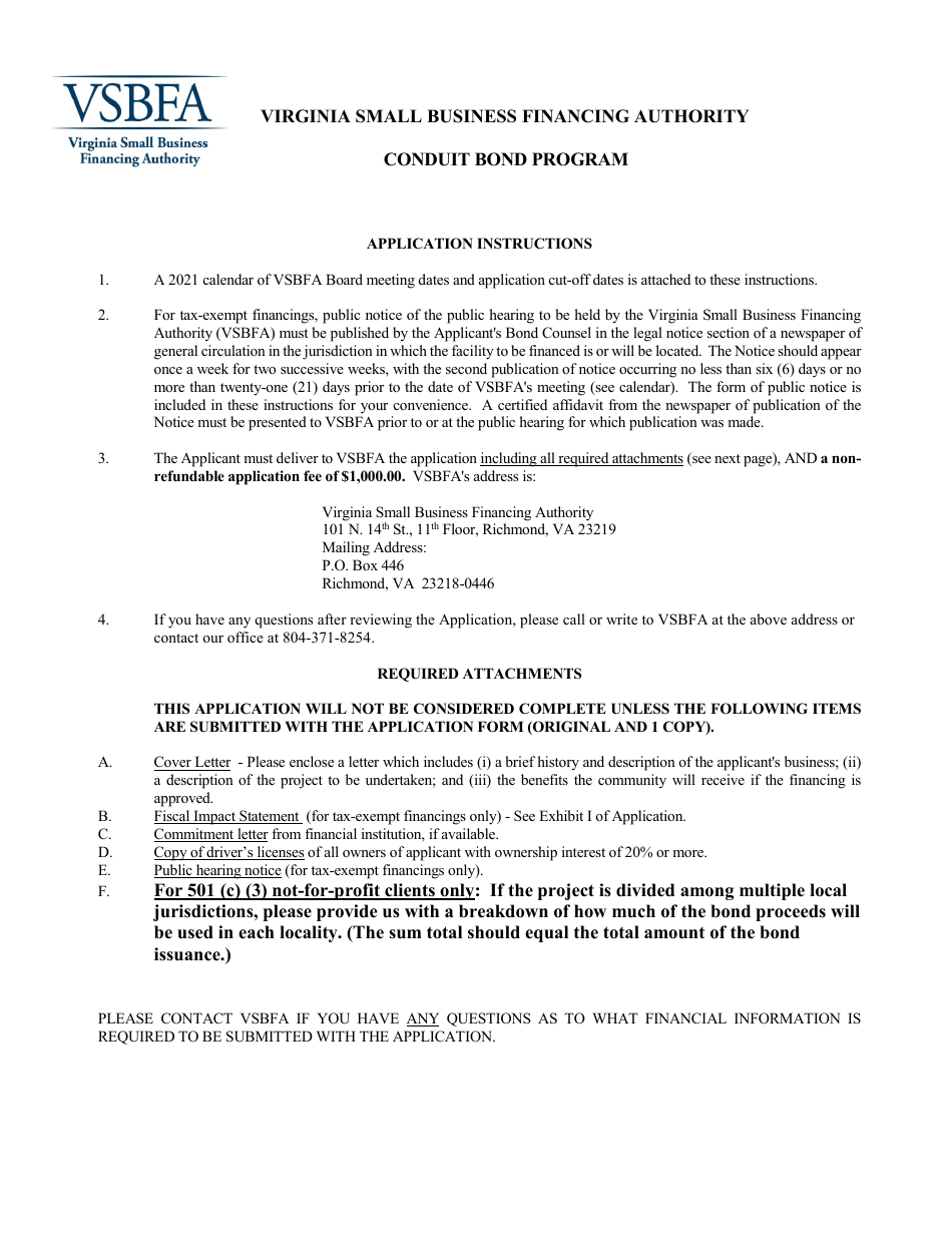 Application to the Virginia Small Business Financing Authority for the Issuance of Conduit Bonds - Virginia, Page 1