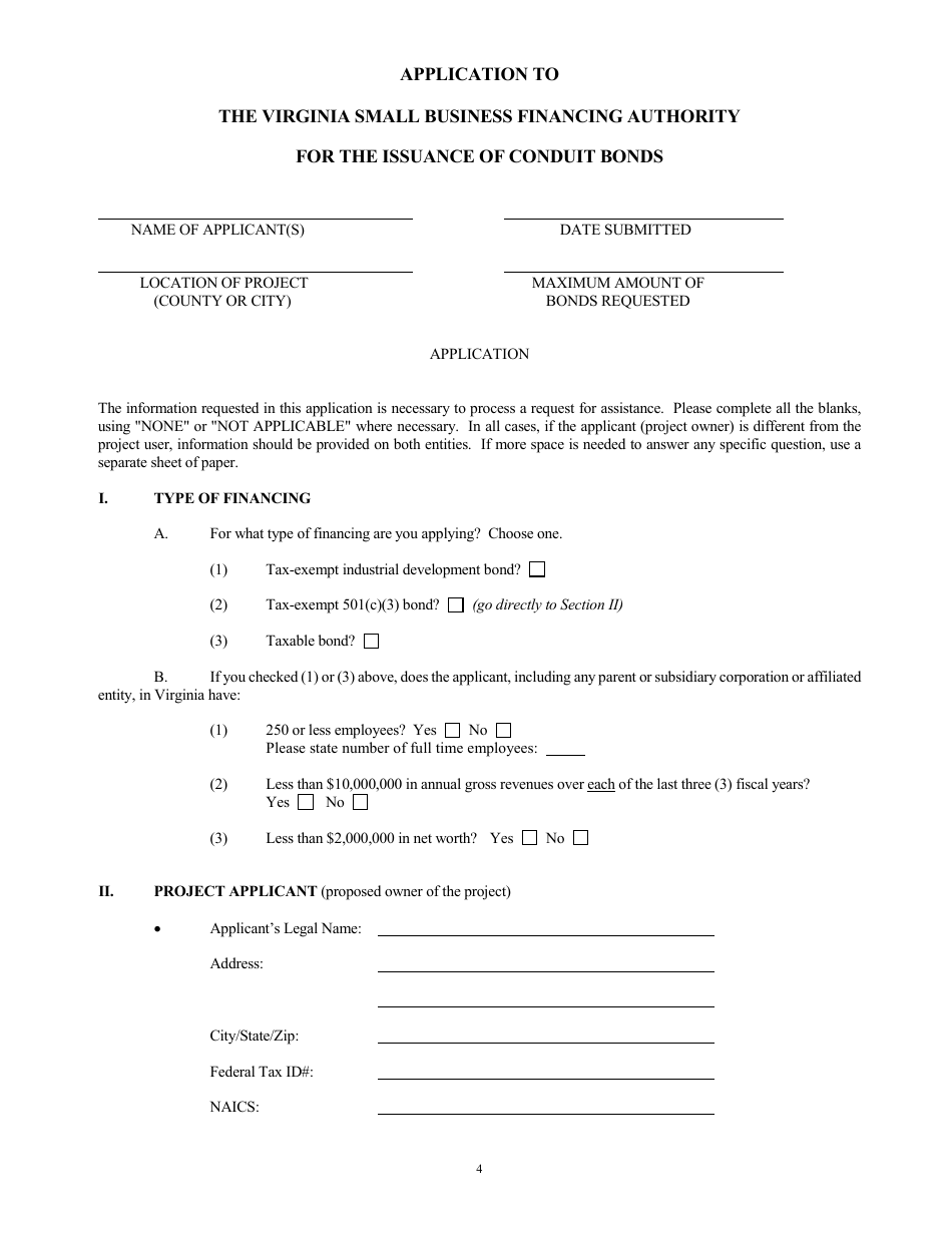 Application to the Virginia Small Business Financing Authority for the Issuance of Conduit Bonds - Virginia, Page 4