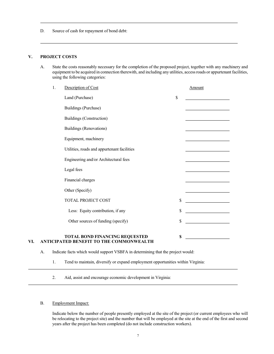 Application to the Virginia Small Business Financing Authority for the Issuance of Conduit Bonds - Virginia, Page 7