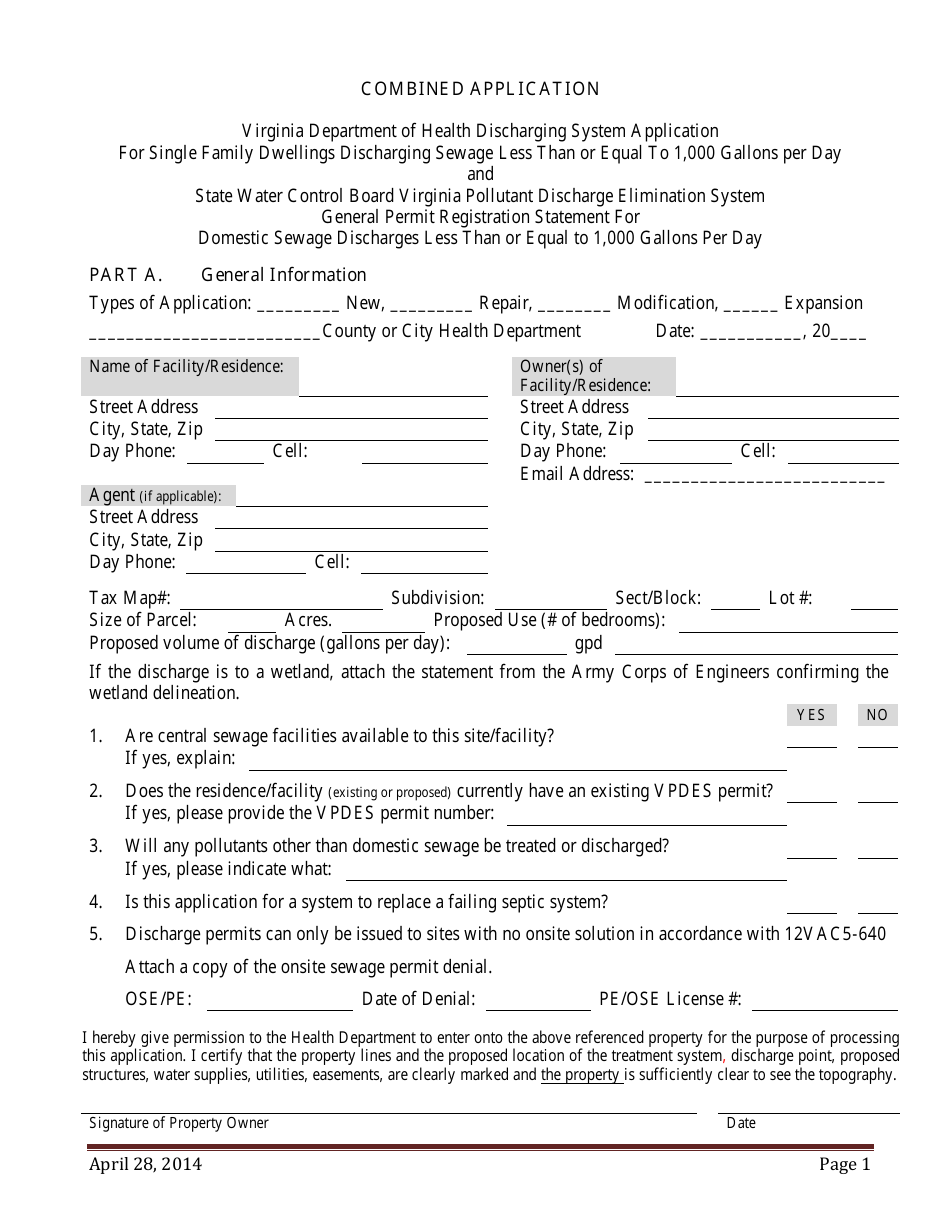 Combined Discharge Application - Virginia, Page 1