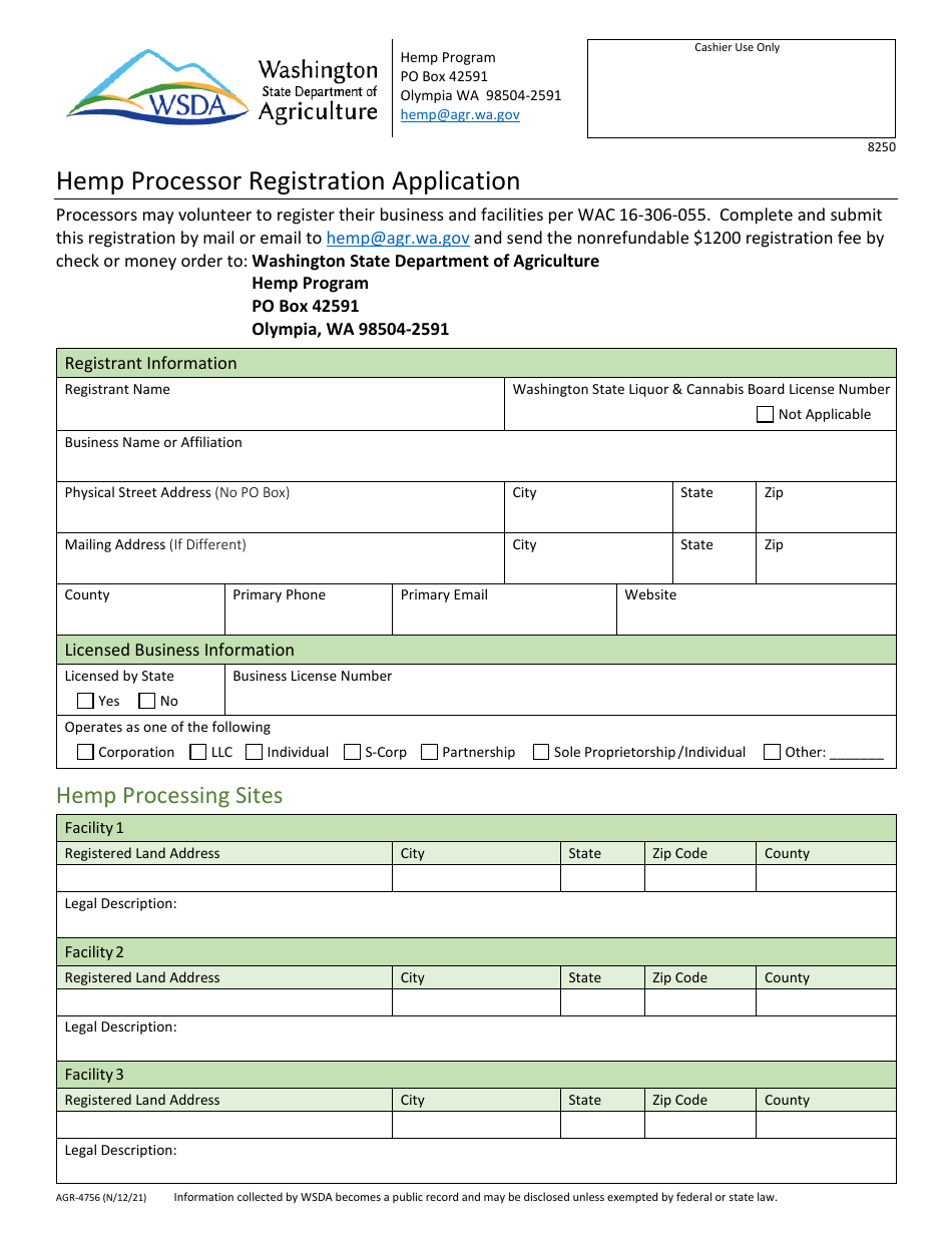Form AGR-4756 Hemp Processor Registration Application - Washington, Page 1