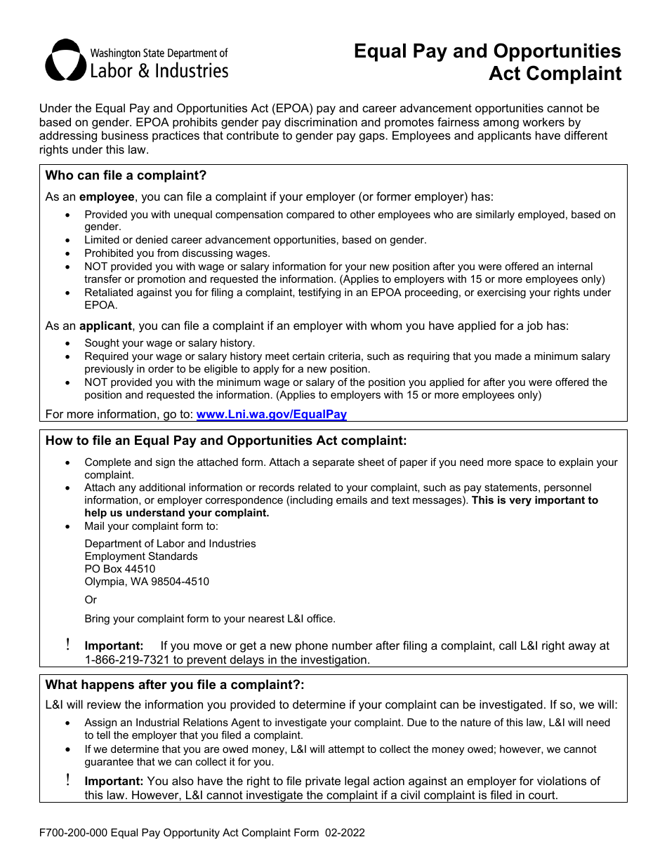 Form F700-200-000 Equal Pay and Opportunities Act Complaint - Washington, Page 1