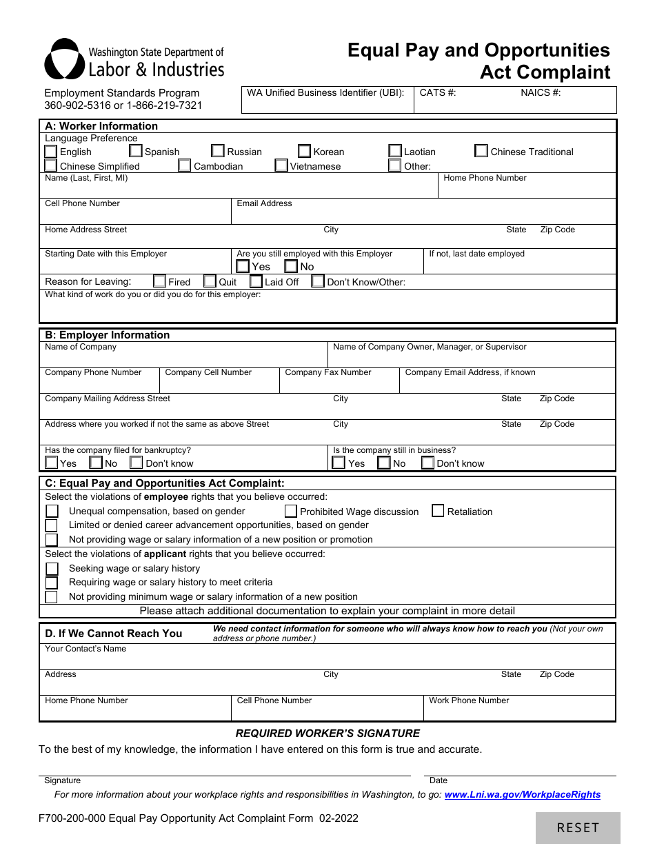 Form F700-200-000 Equal Pay and Opportunities Act Complaint - Washington, Page 2