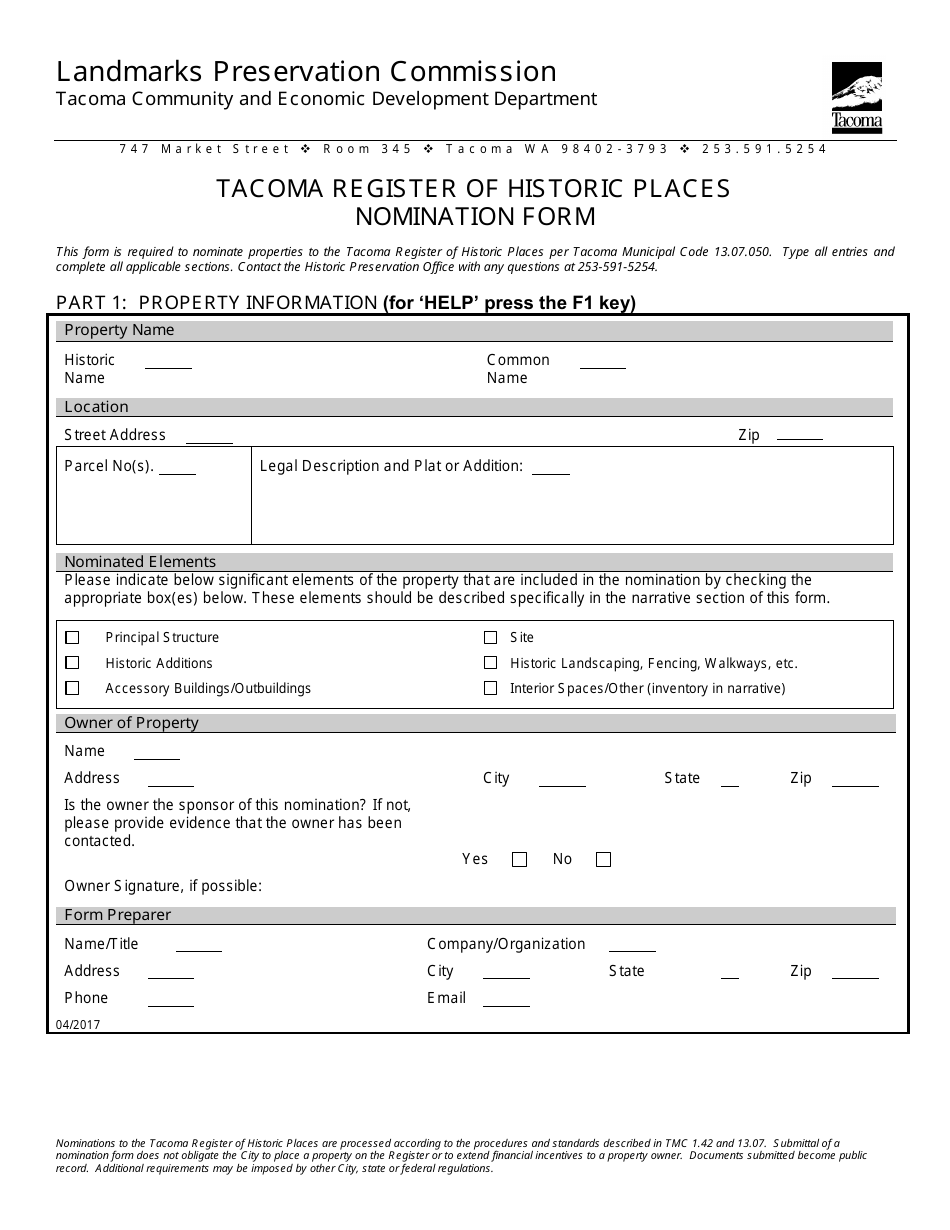 Tacoma Register of Historic Places Nomination Form - City of Tacoma, Washington, Page 1