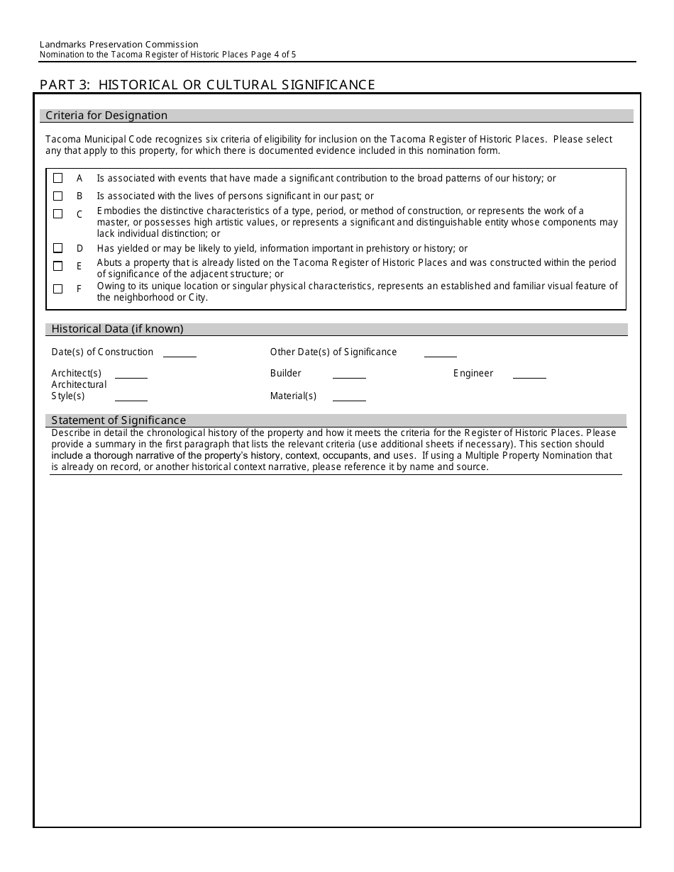 Tacoma Register of Historic Places Nomination Form - City of Tacoma, Washington, Page 4