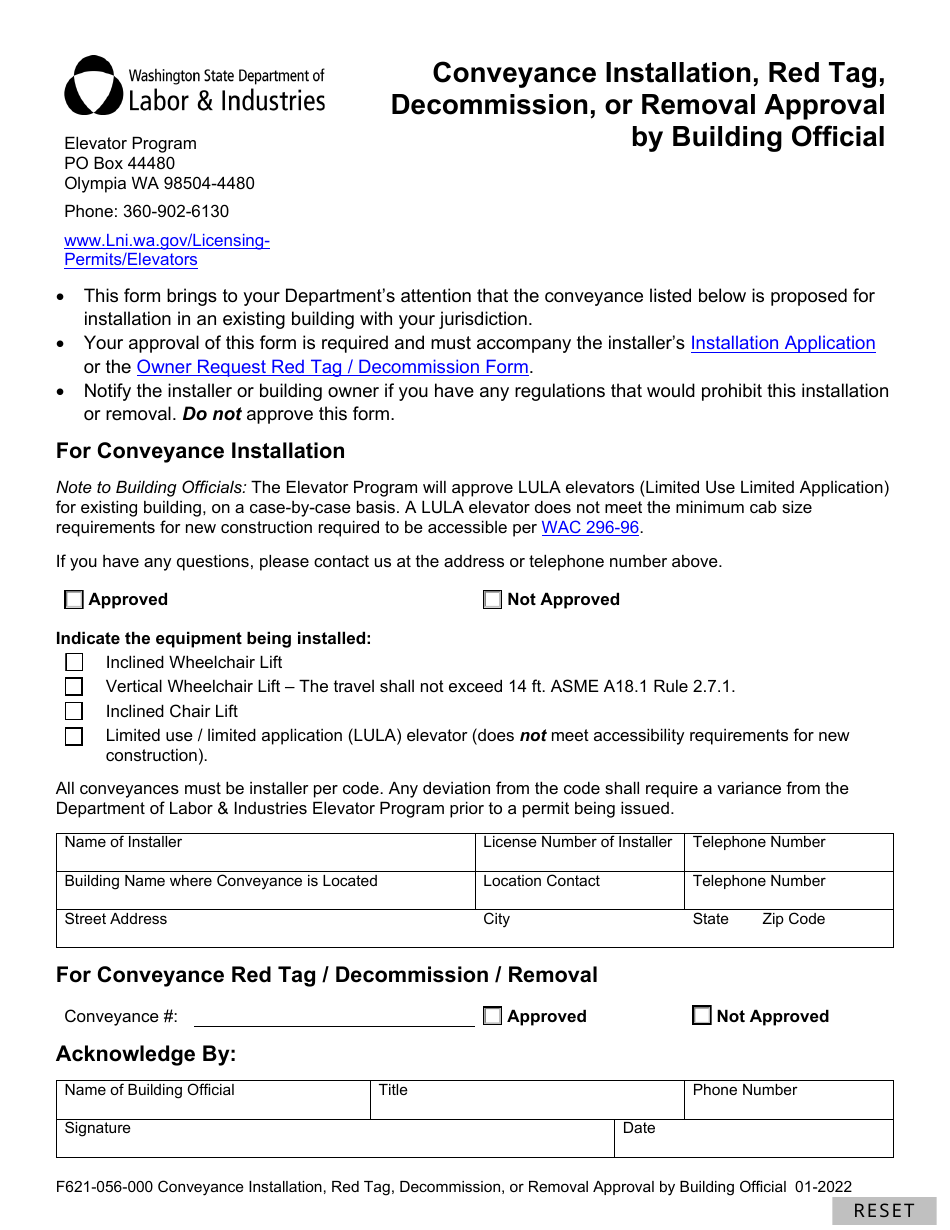 Form F621-056-000 Conveyance Installation, Red Tag, Decommission, or Removal Approval by Building Official - Washington, Page 1