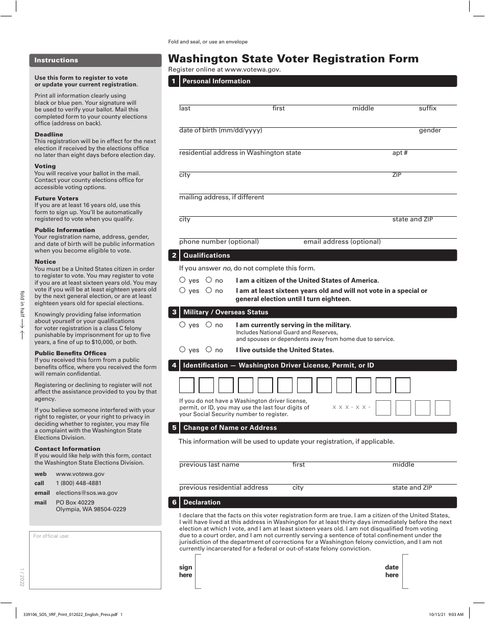 Washington State Voter Registration Form - Washington, Page 1