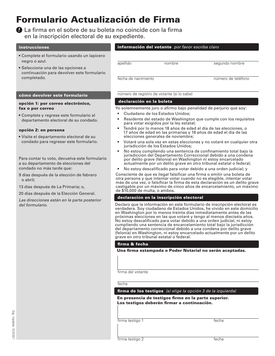 Formulario Actualizacion De Firma - Washington (Spanish), Page 1