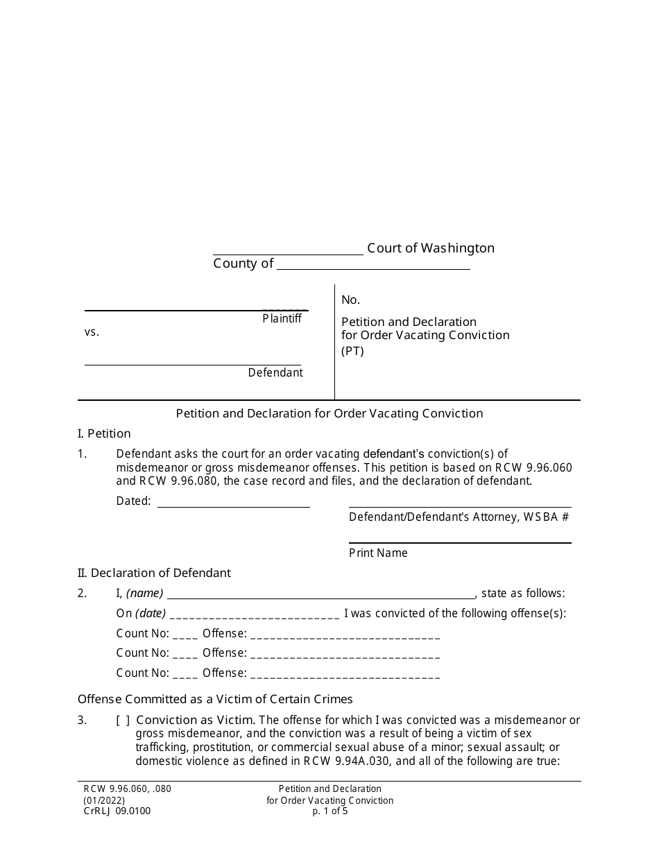 Form CrRLJ09.0100 Petition and Declaration for Order Vacating Conviction - Washington, Page 1